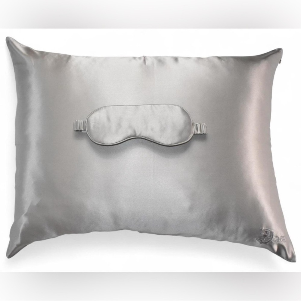 Silk Pillowcase & Eye Mask Set with Satin Travel Case King Size Silver/Grey NEW